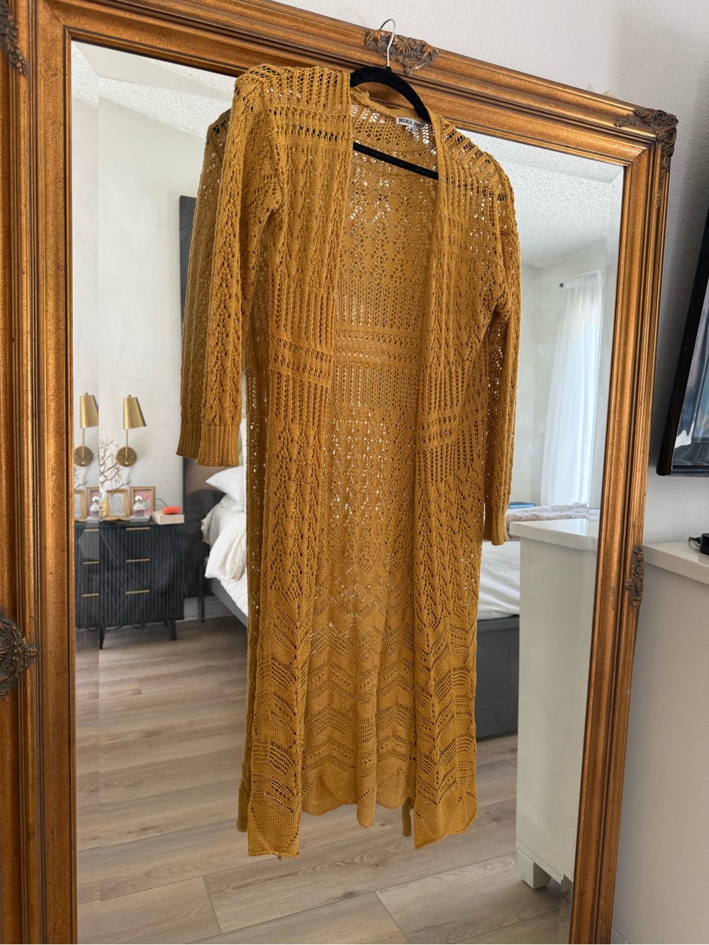 Mustard Crochet Longline Open Front Tunic